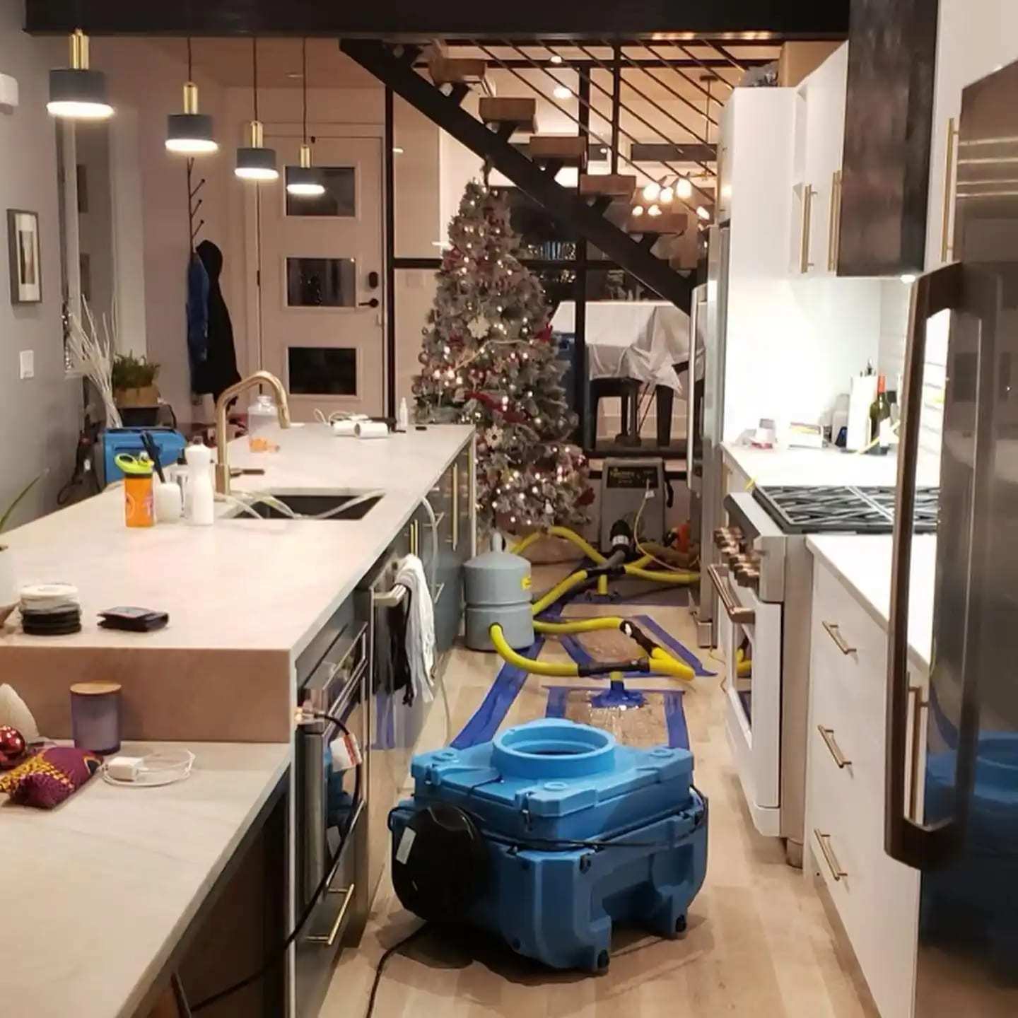 Kitchen with an air mover and drying hoses on the floor beside the island